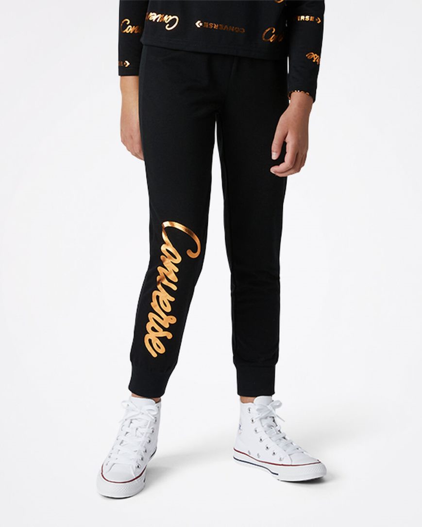 Dívčí Kalhoty Jogger Converse Shiny Wordmark Černé | CZ MJBT01